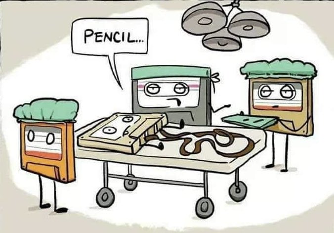 A cartoon of floppy disks and a cassette tape in a medical operating room, with one saying “PENCIL...” as a tape spills out.