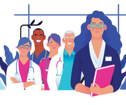 Diverse medical team including doctors and nurses smiling confidently with stethoscopes and a clipboard.