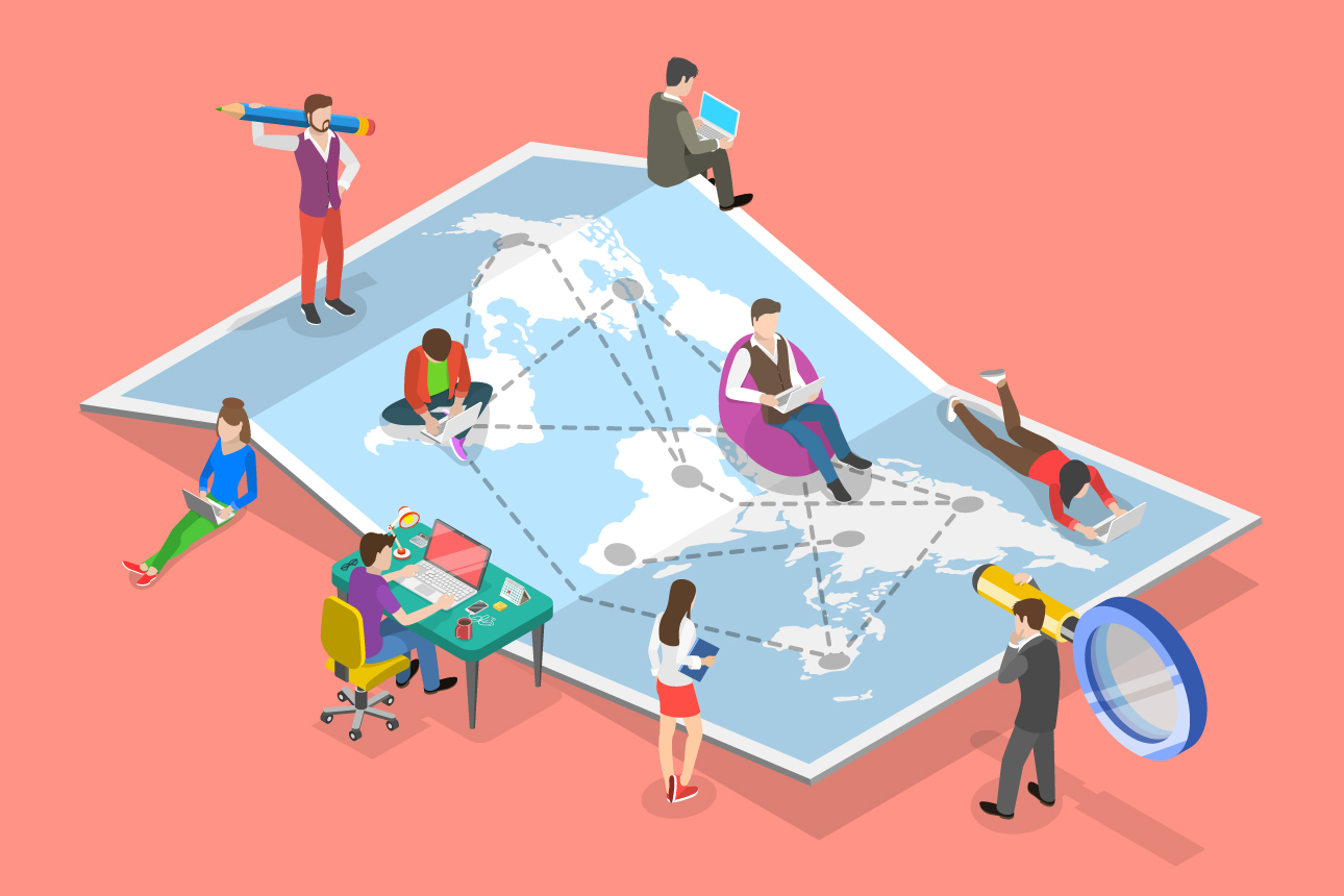 Diverse professionals collaborate globally on a world map with laptops, tools, and connections.