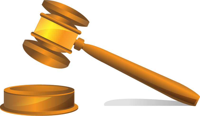 Golden judge's gavel mid-strike on sound block, symbolizing legal authority and decision-making.