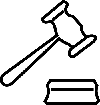 Black-and-white line drawing of a judge's gavel striking a sound block, symbolizing legal authority and courtroom proceedings.