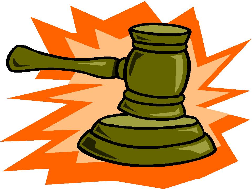 Green wooden judge's gavel striking a sound block with orange explosive burst background.
