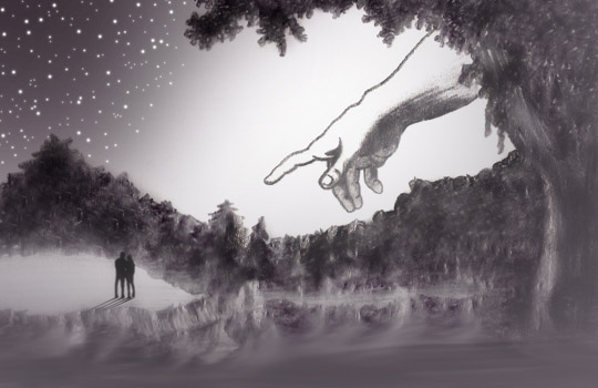 A surreal monochrome scene: two silhouetted figures stand on a misty path beneath a starry sky, as a giant hand reaches down from a tree canopy.