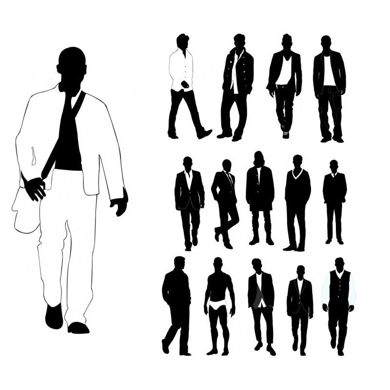 Silhouette illustrations of men in various modern outfits and poses, including suits, casual wear, and formal attire.