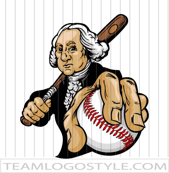 Caricature of George Washington holding a baseball bat and ball, styled as a sports mascot.