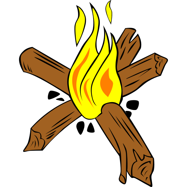 Cartoon campfire with bright yellow flames and crossed wooden logs on black background.
