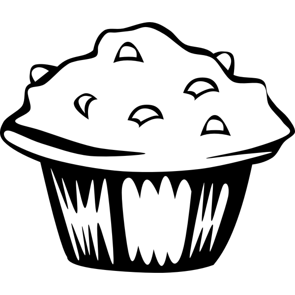 A stylized black-and-white cupcake with a smiling face and sharp teeth, evoking playful horror or surreal dessert art.