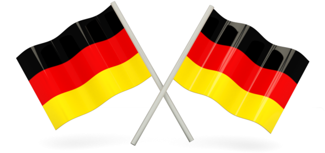 Two crossed German national flags waving on white poles against a black background.