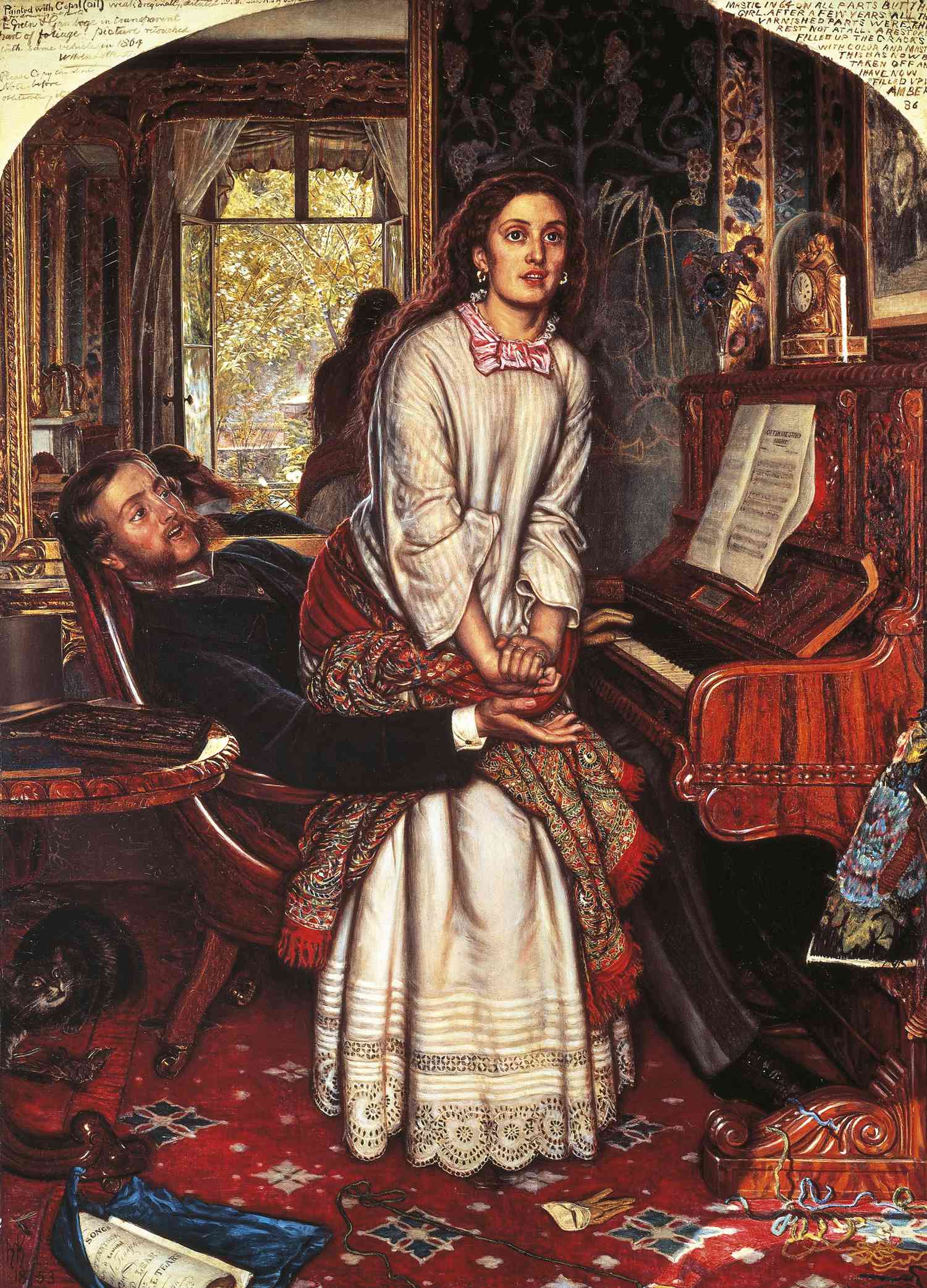 A Pre-Raphaelite painting showing a woman at a piano, startled, while a man reclines beside her in a richly decorated Victorian interior.