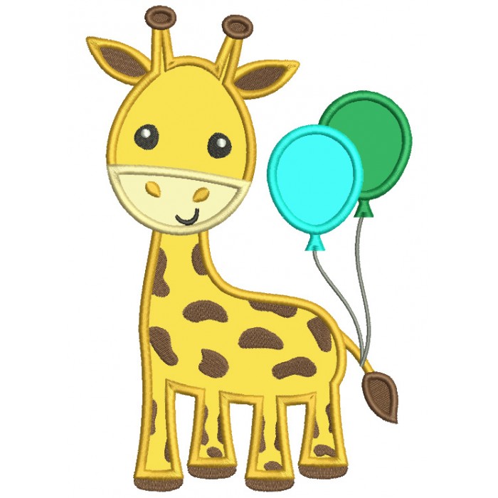 Cute cartoon giraffe holding blue and green balloons, embroidered-style illustration.