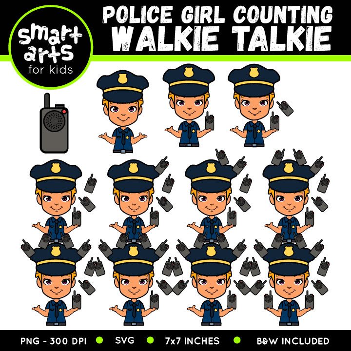 Cartoon police girl counting walkie-talkies clip art for kids' educational activities.