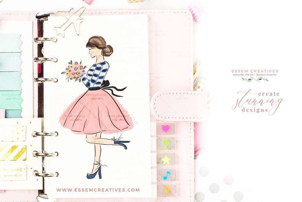 Watercolor illustration of a stylish woman in a pink skirt holding flowers, displayed in a ring-bound planner with decorative stickers and clips.