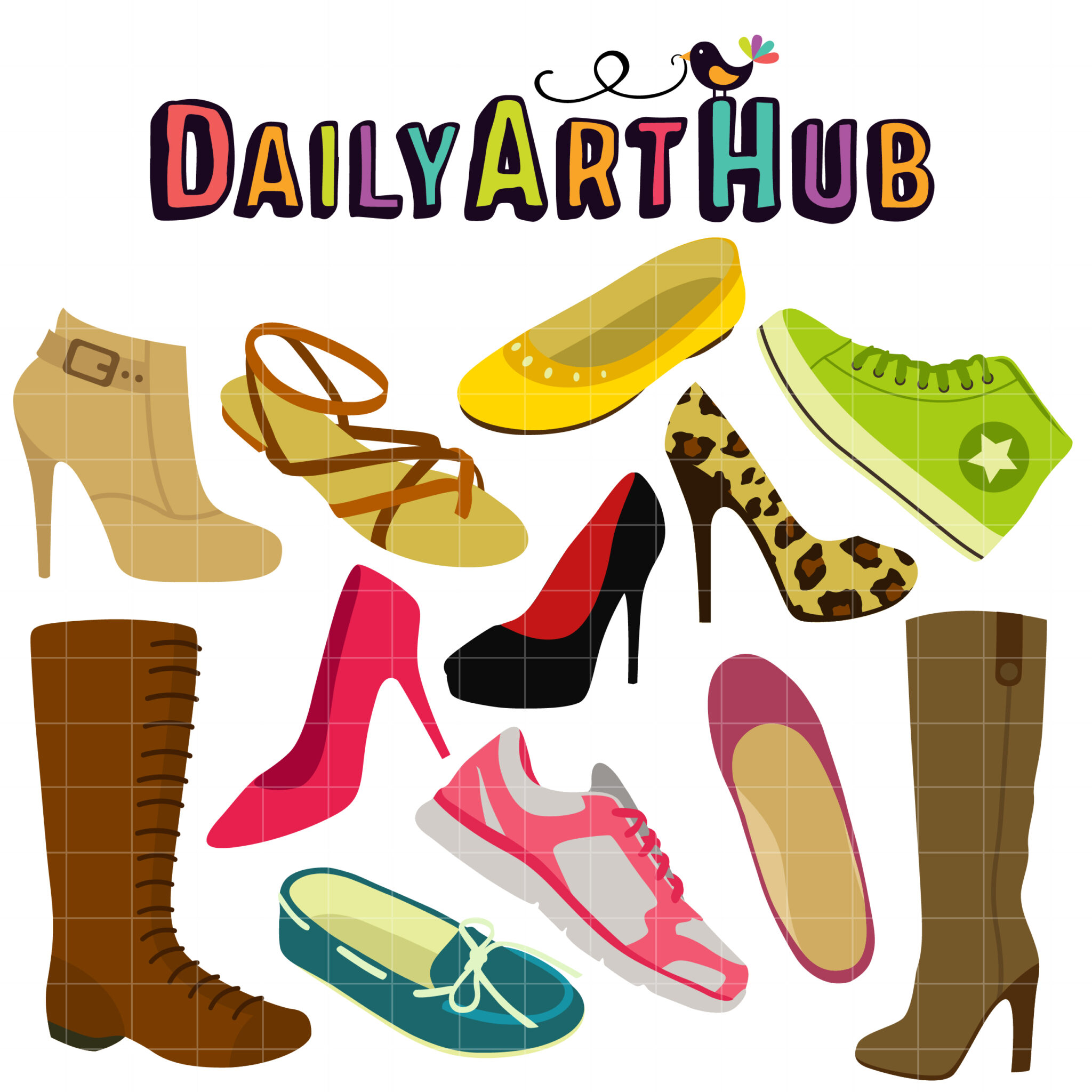 Colorful illustrated collection of women's shoes including heels, boots, sneakers, and flats under "DailyArtHub" logo.