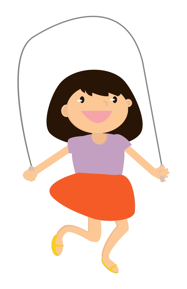 Smiling cartoon girl with brown hair jumping rope, wearing purple shirt and orange skirt.
