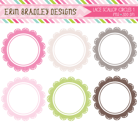 Six decorative lace scallop circle frames in pink, cream, gray, mint, and brown; digital clipart by Erin Bradley Designs.