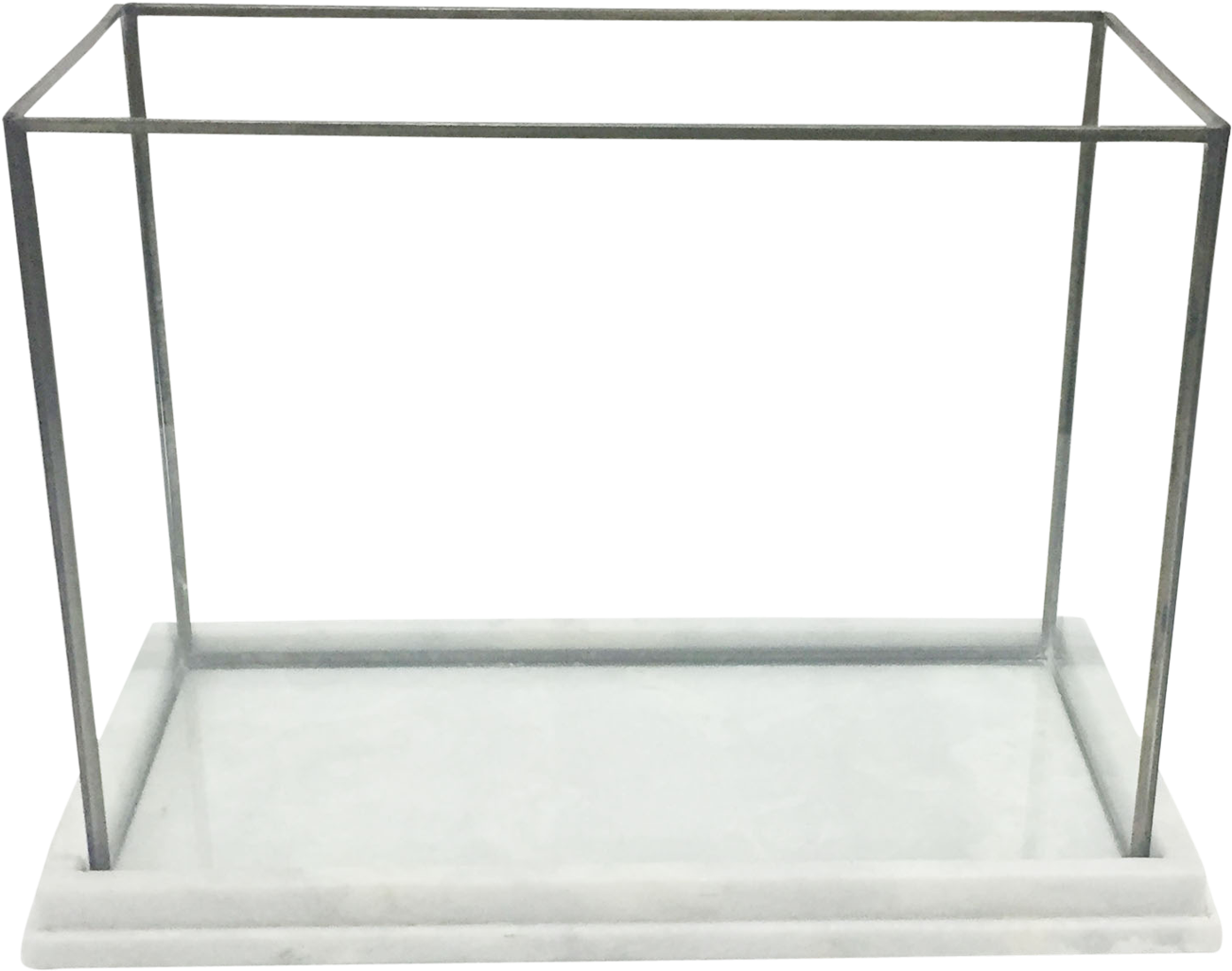 Minimalist rectangular metal frame mounted on a white marble base, ideal for display or architectural modeling.