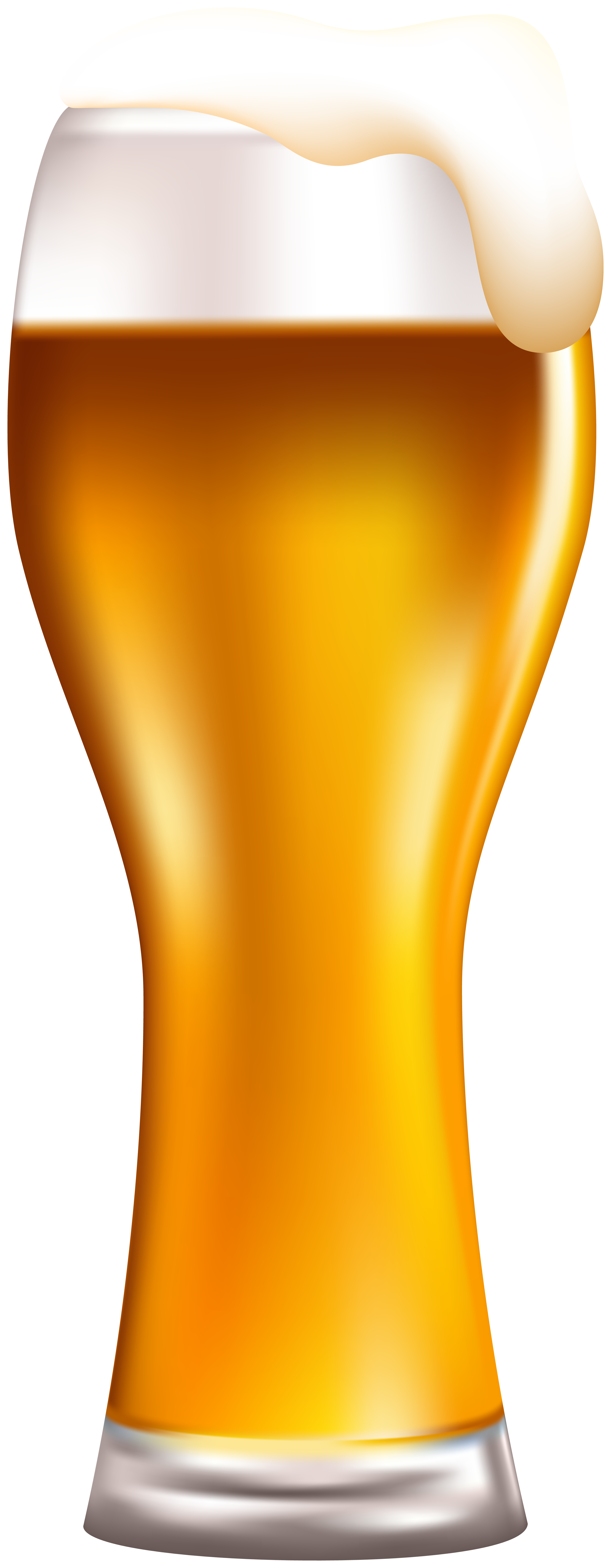 A tall glass of golden amber beer with a frothy white head, served in a clear mug with condensation highlights.