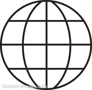 Simple black-and-white line drawing of a globe with latitude and longitude grid lines.