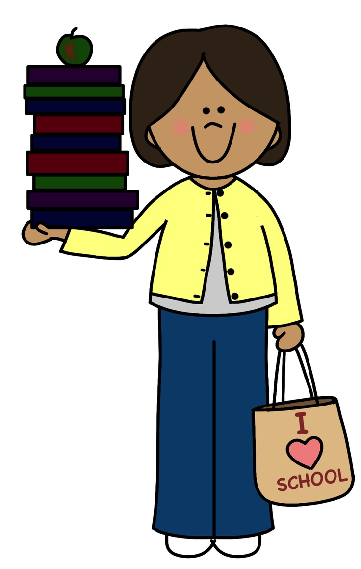 A smiling teacher holds a tall stack of colorful books topped with an apple and carries a tote bag saying "I ♥ SCHOOL".
