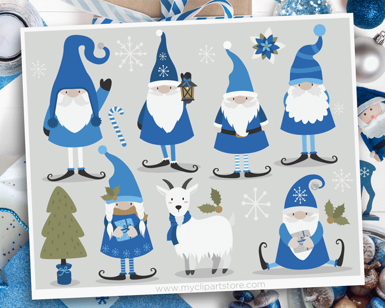 Blue-themed Christmas gnomes, goat, tree, and snowflakes in festive clip art style.