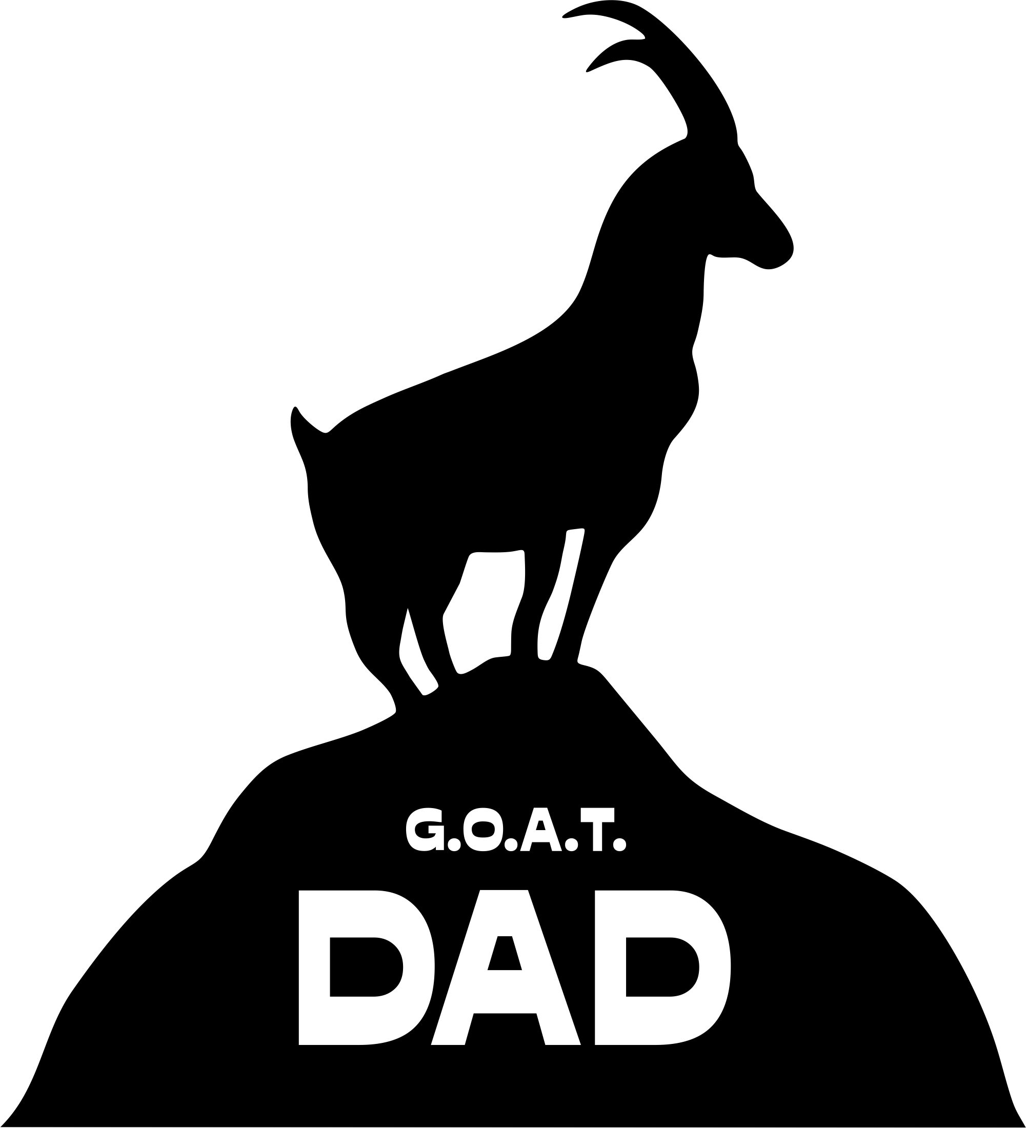 Silhouette of a goat standing atop a person's shoulders with text "G.O.A.T. DAD" below.