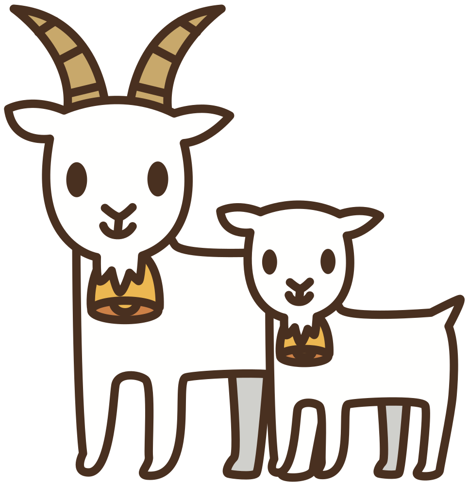 A cartoon-style adult goat and kid standing side by side, both wearing bells around their necks.