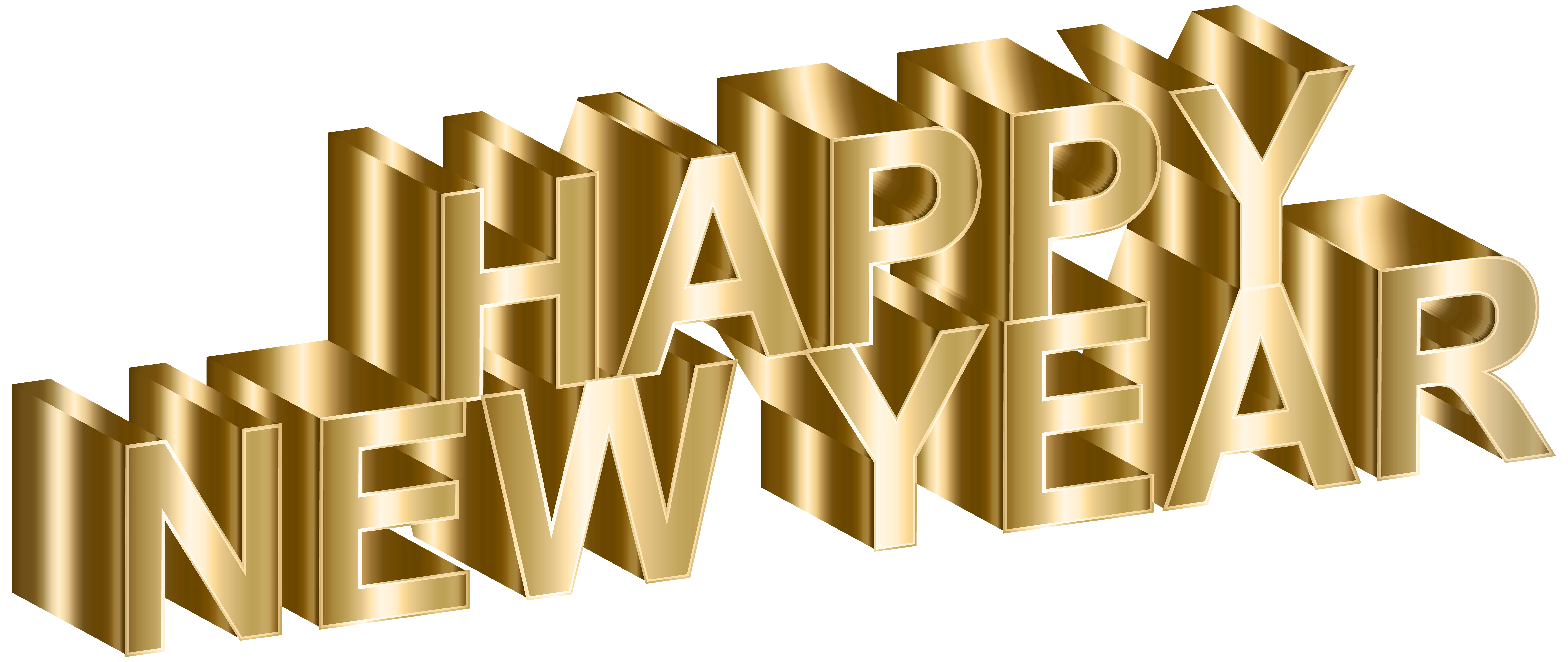Golden 3D text reading "HAPPY NEW YEAR" with reflective metallic finish and layered depth effect.