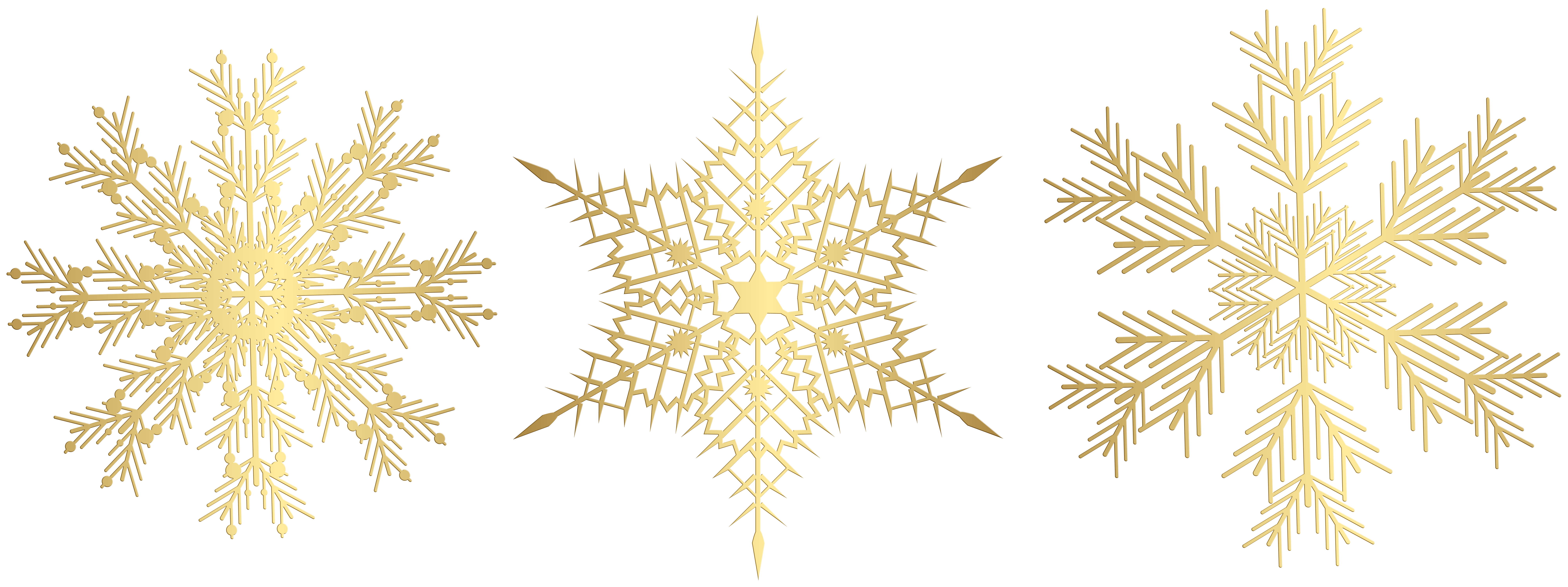 Golden snowflake designs on a striped gold background, featuring three distinct ornamental styles.