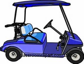 Blue two-seater golf cart with canopy, steering wheel, and side mirrors on white background.