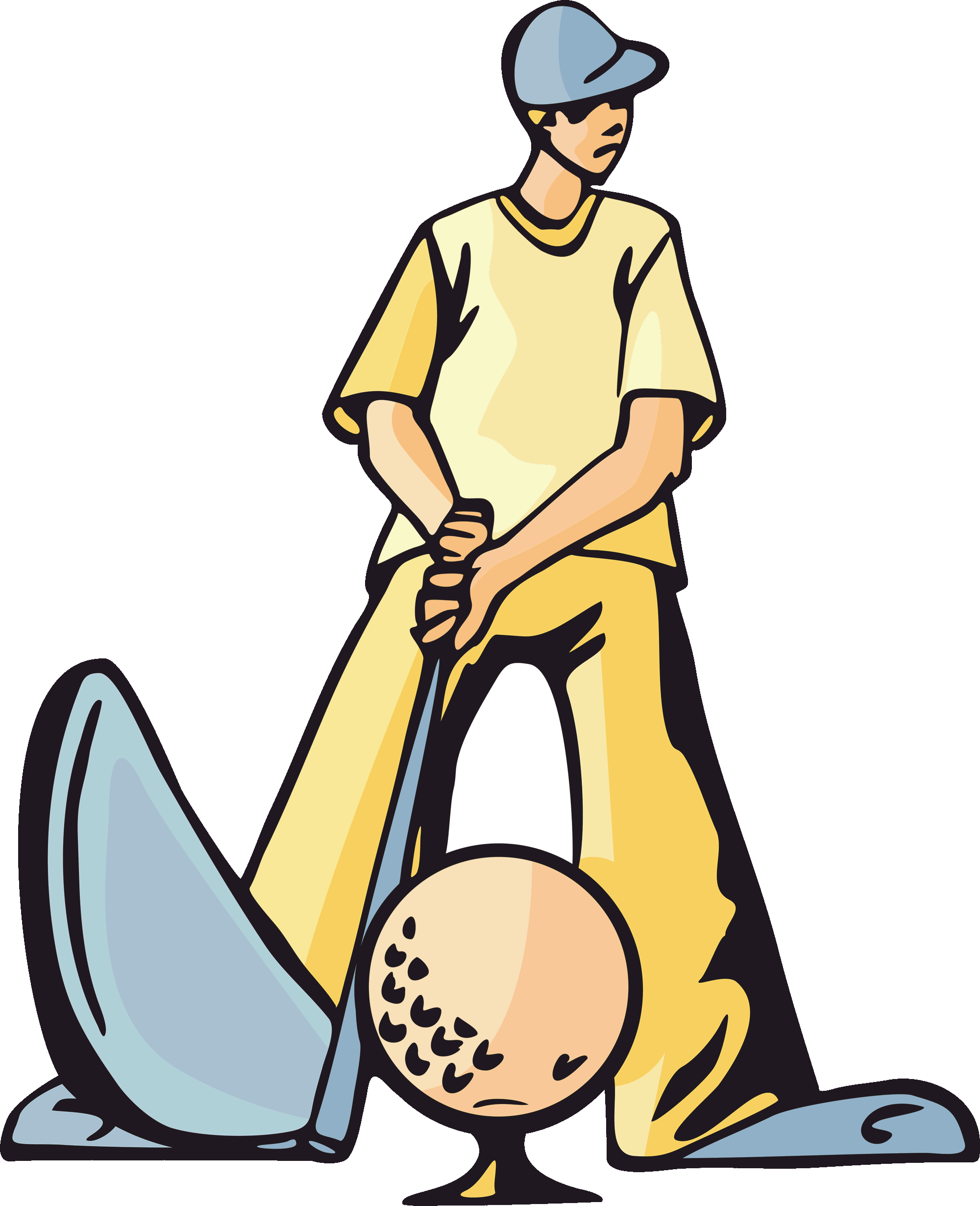 Golfer in yellow shirt and blue cap preparing to swing at a golf ball on a tee against green background.