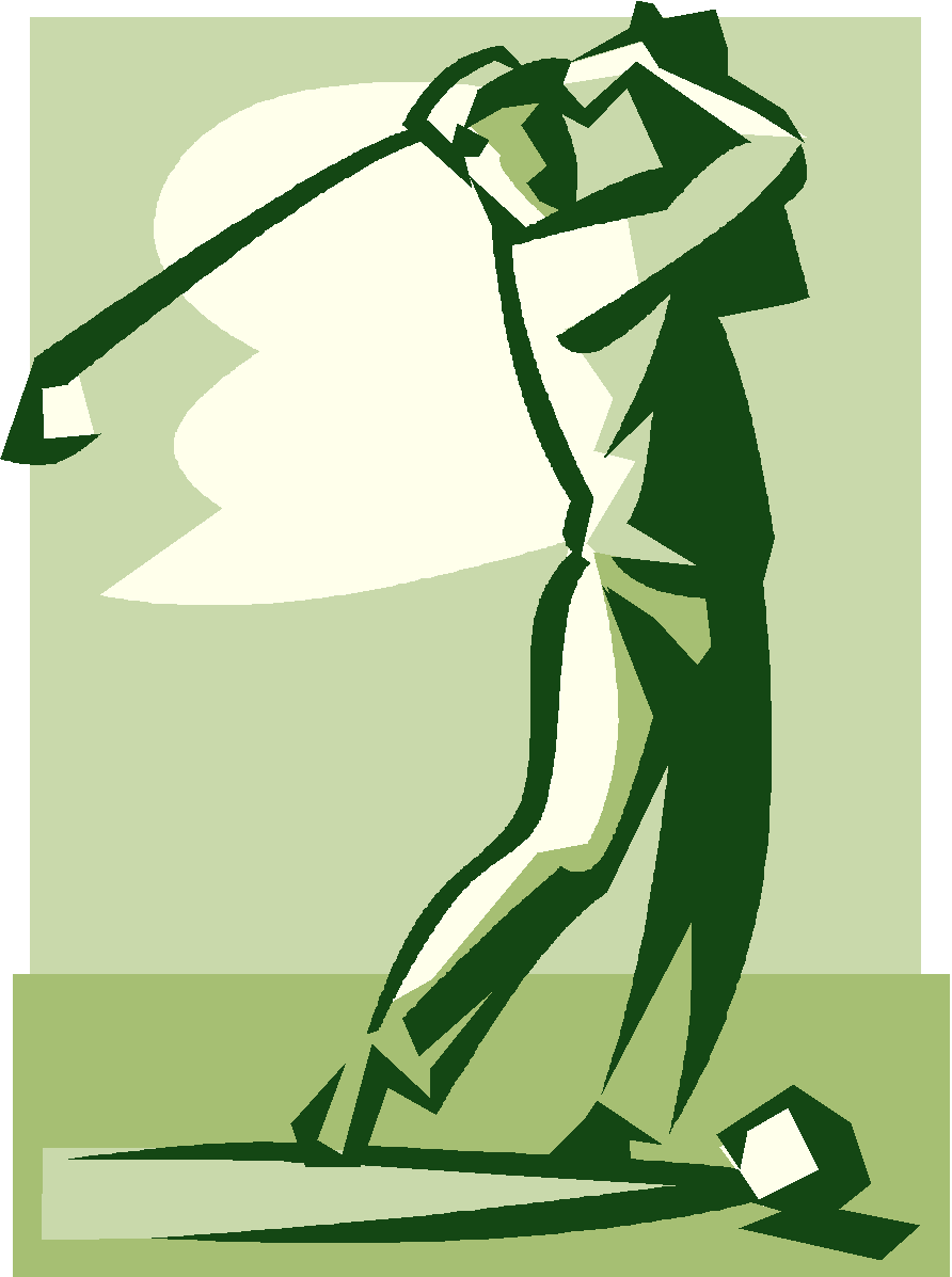 Stylized green-and-cream illustration of a golfer mid-swing, capturing dynamic motion and form.