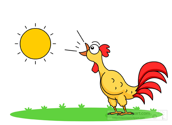 A cheerful yellow rooster with red comb and tail crows toward a bright yellow sun on a green grass patch.