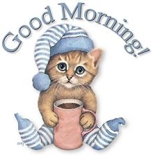 Adorable kitten in striped pajamas and hat holding a mug, with "Good Morning!" text above.