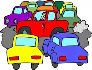 Colorful cartoon cars stuck in traffic with exhaust fumes and a driver visible in the red car.