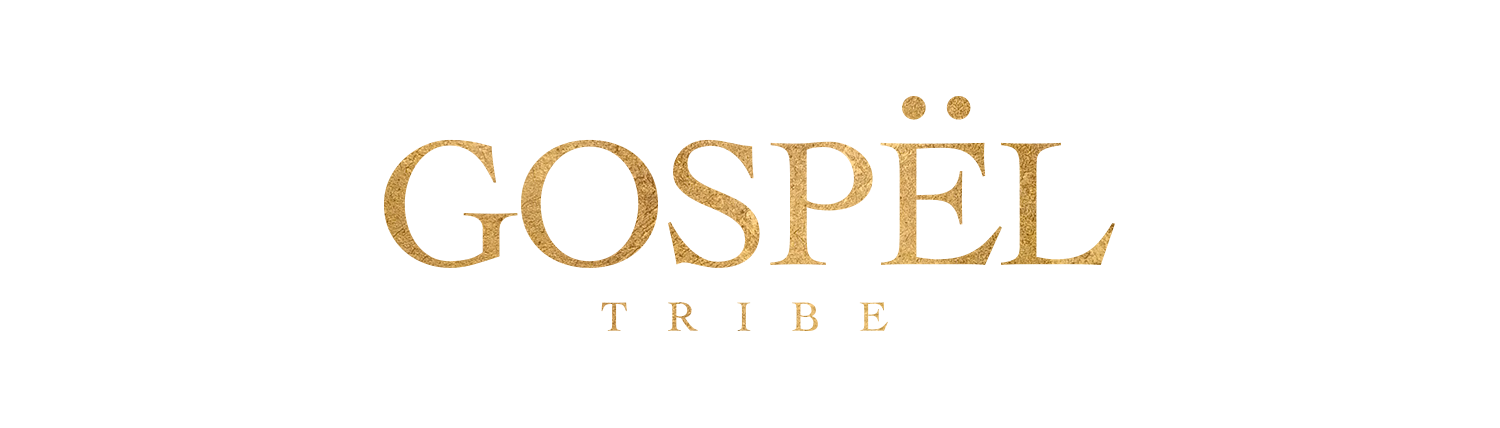 GOSPEL TRIBE logo in elegant gold serif font on black background, with umlaut over 'E' and textured metallic finish.