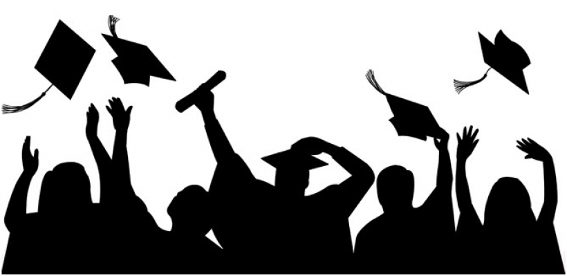 Silhouette of graduates celebrating, tossing caps in the air against a white background.