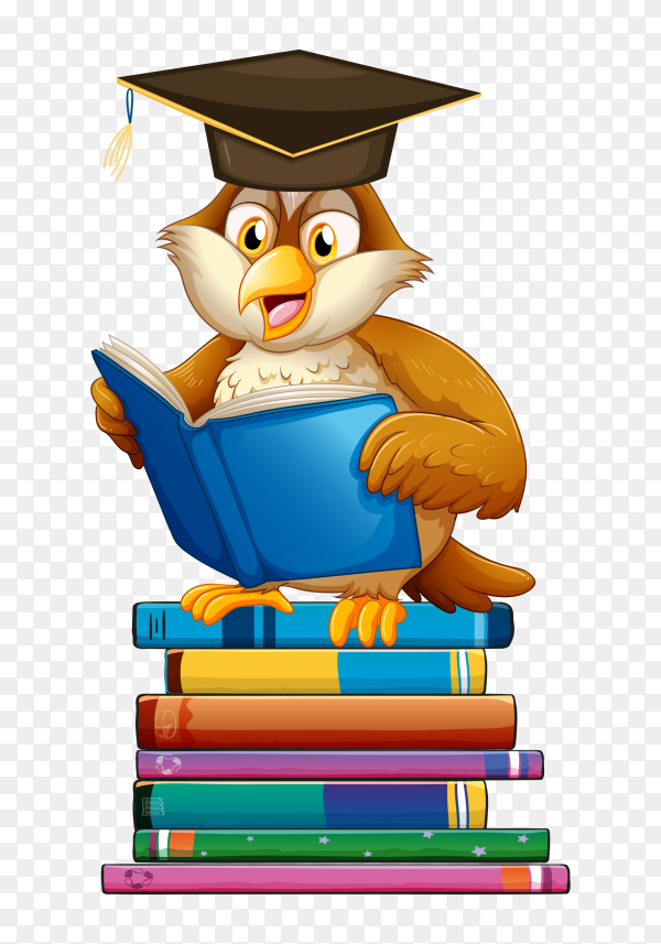 Wise cartoon owl wearing graduation cap, reading a blue book atop a stack of colorful books.