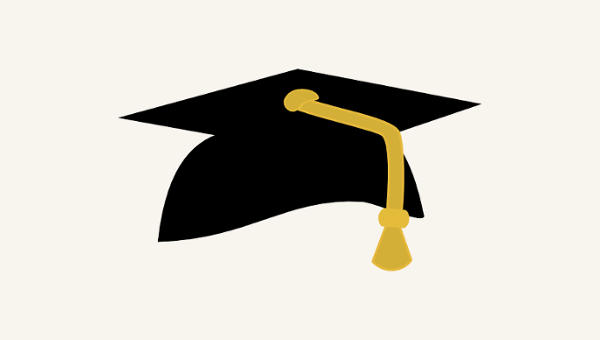 Black graduation cap with gold tassel on light background