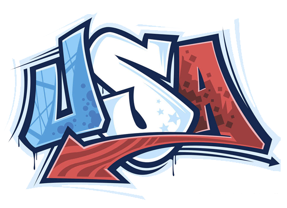 Graffiti-style "USA" text in red, white, and blue with stars, stripes, and dynamic outlines.