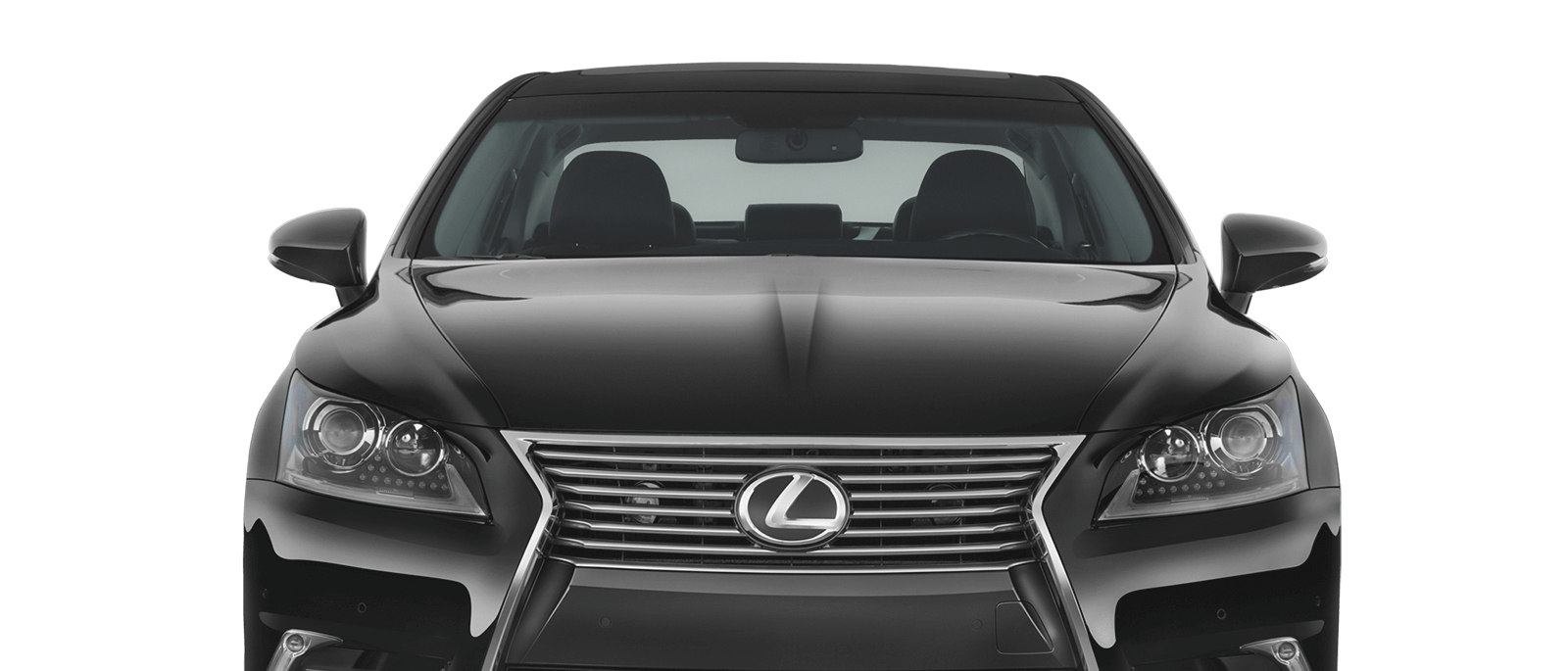 Front view of a black Lexus sedan with distinctive spindle grille and LED headlights on black background.