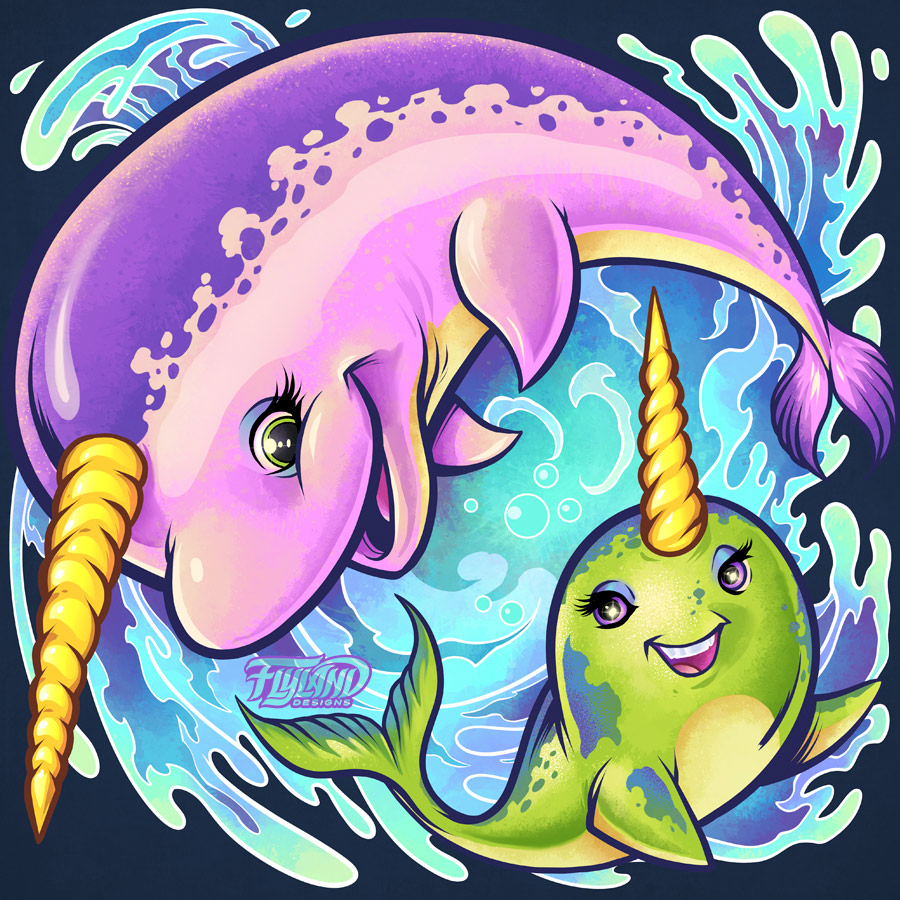 Two stylized cartoon narwhals-one purple, one green-with golden tusks swimming in vibrant blue water with bubbles and splashes.