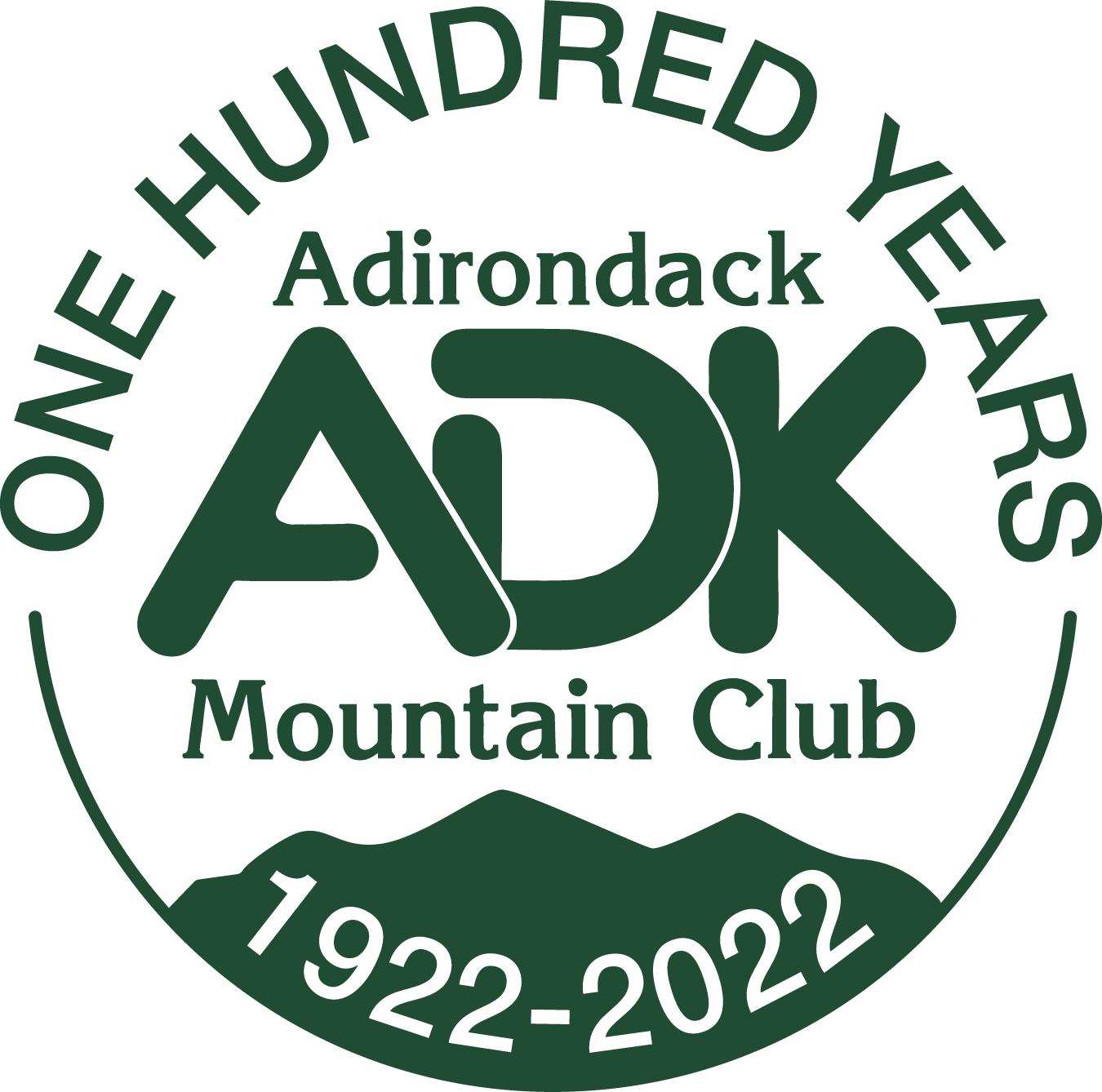 Adirondack Mountain Club 100th anniversary logo (1922-2022) with mountain silhouette and ADK initials.