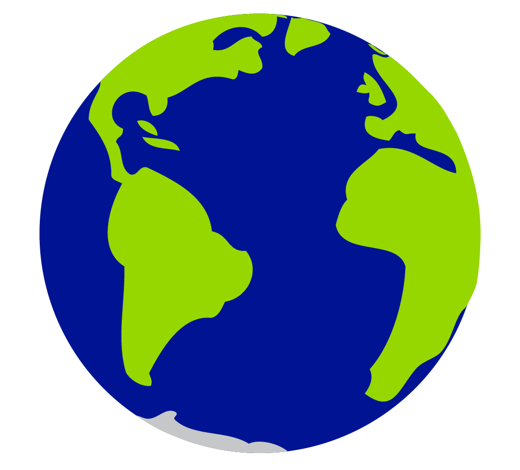 Simplified globe illustration showing green continents on a blue ocean background, with Antarctica in gray at the bottom.