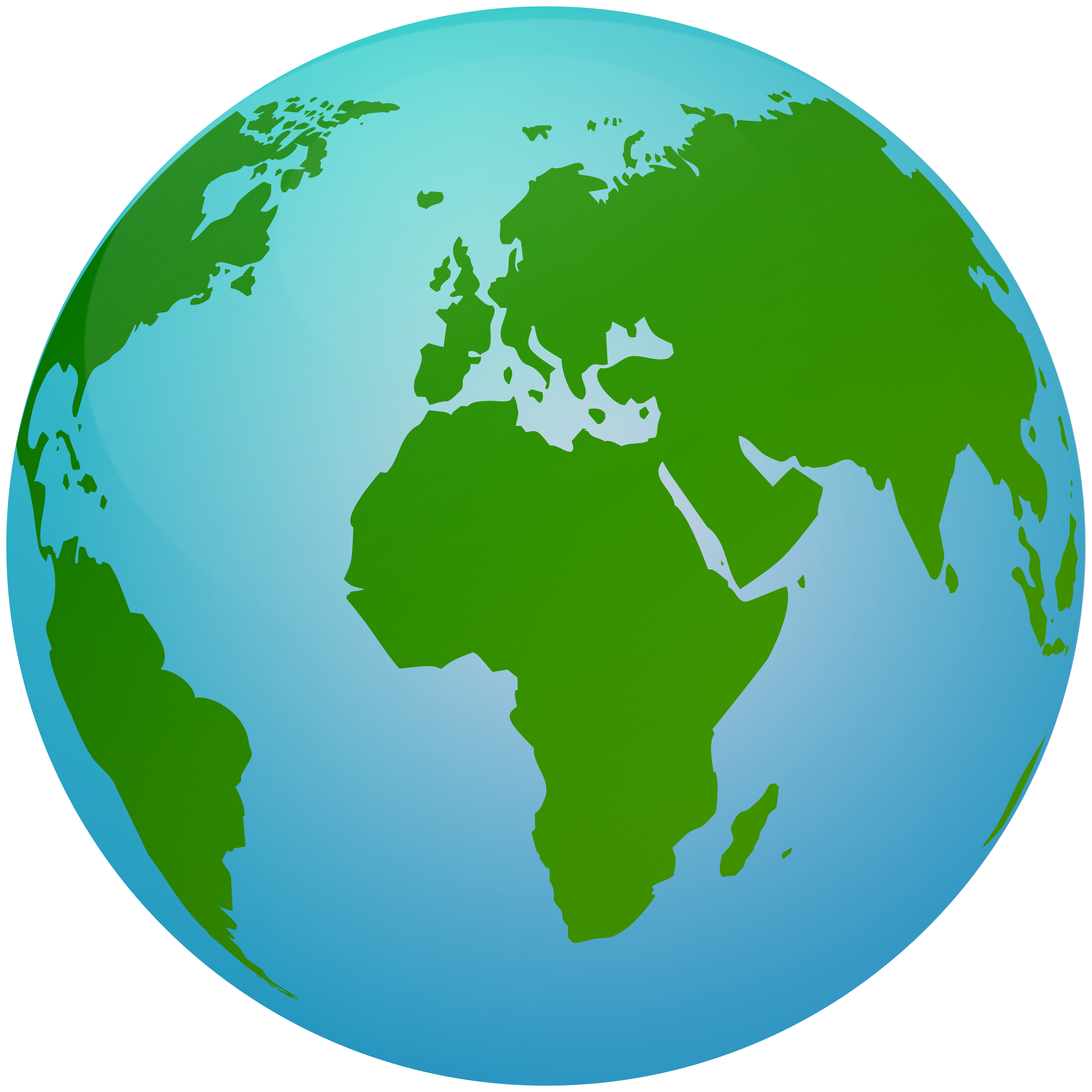 Stylized green globe showing continents and oceans with a glossy 3D effect.