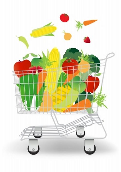 A shopping cart overflowing with colorful fresh vegetables like corn, tomatoes, carrots, broccoli, and peppers, with some items floating above.