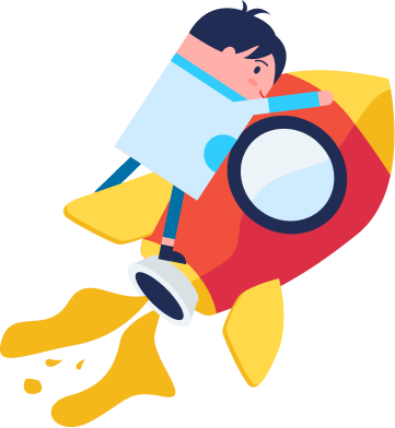 Child riding a colorful rocket ship, smiling with excitement as it blasts off with fiery exhaust.