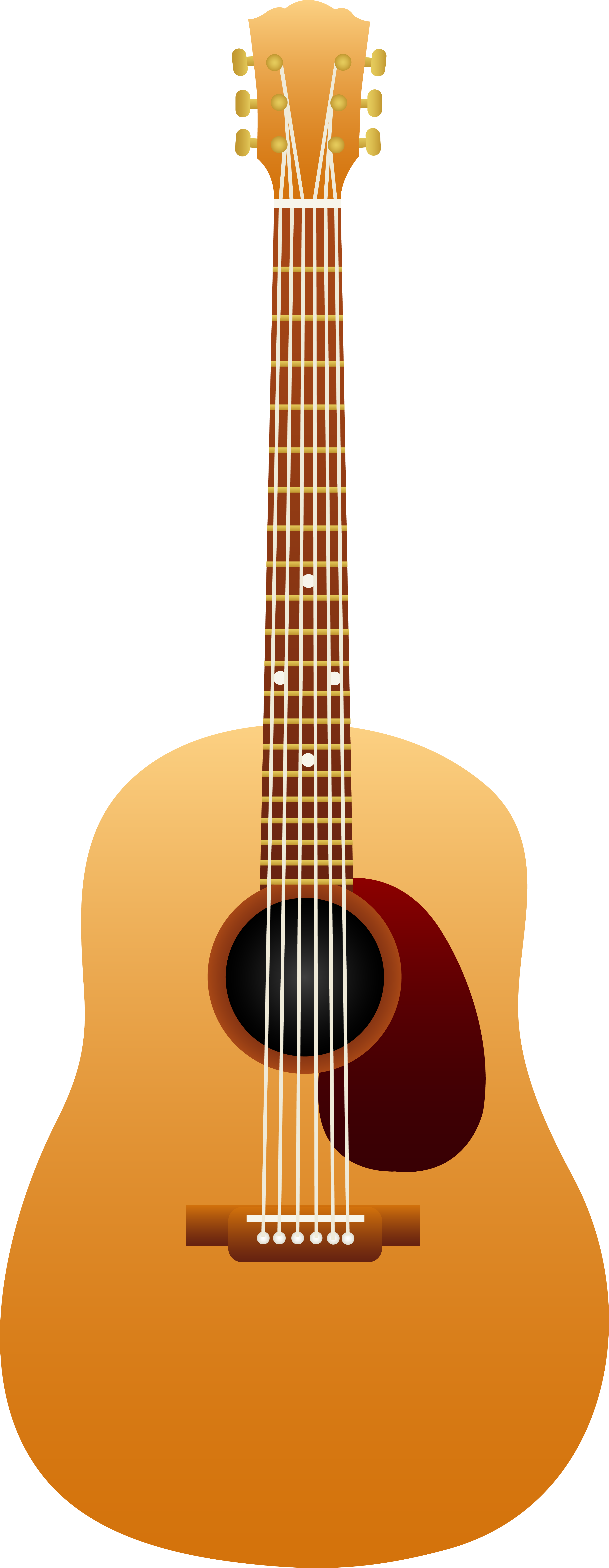 Illustration of a classic six-string acoustic guitar with wooden body, soundhole, and fretboard markers.