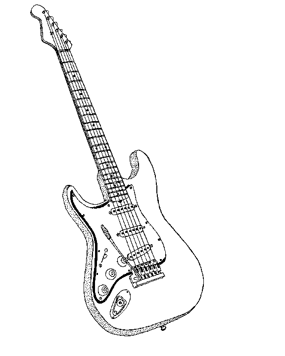 Black-and-white line drawing of a Stratocaster-style electric guitar with tremolo bridge and three pickups.