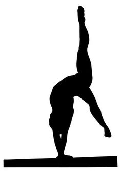 Black silhouette of a female gymnast performing a handstand on a balance beam against white background.