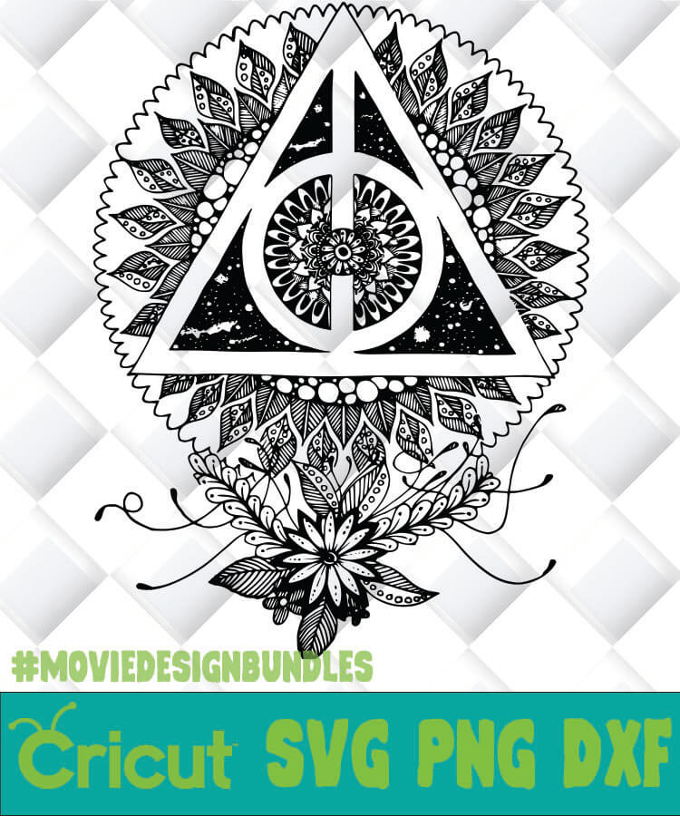 Intricate black-and-white mandala-style Deathly Hallows symbol with floral and cosmic details, designed for Cricut SVG/PNG/DXF cut files.
